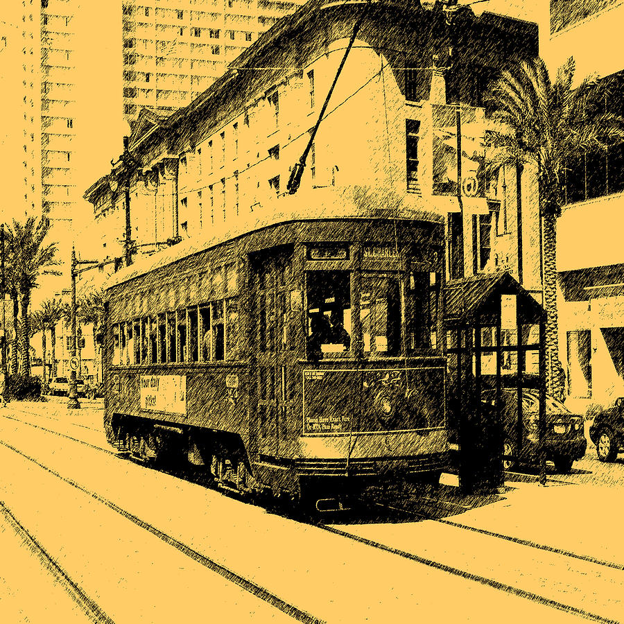 900x900 Digital Ink Pen Drawing New Orleans Street Car Digital Art By