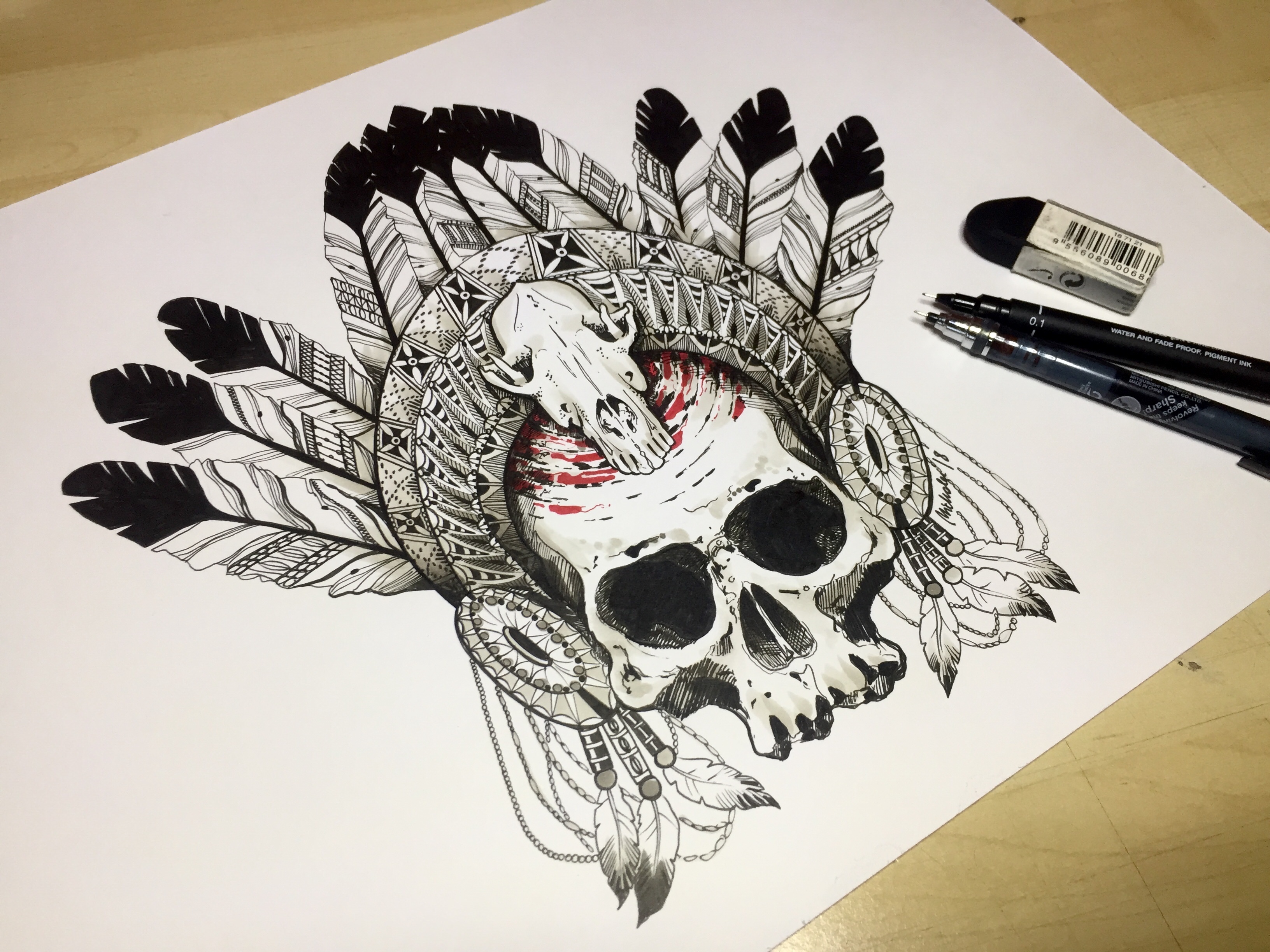 3264x2448 Native Headdress Skull Ink Pen Drawing By Me