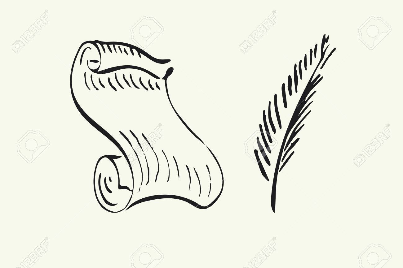 1300x866 Hand Drawn Paper Scroll, Feather And Inkwell. Vector Illustration
