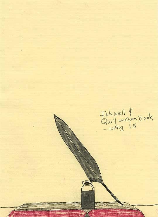 540x741 Inkwell And Quill On Open Book Drawing By Robert Wittig