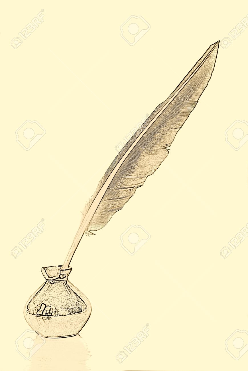 870x1300 Pencil Drawing Quill In The Inkwell Stock Photo, Picture
