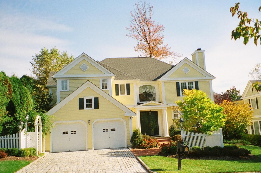 1000x663 Nice Yellow Exterior House Drawing With White Garage Door Can Add