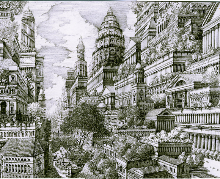 740x602 Intricate Cityscape Drawings By Benjamin Sack Drawings, American