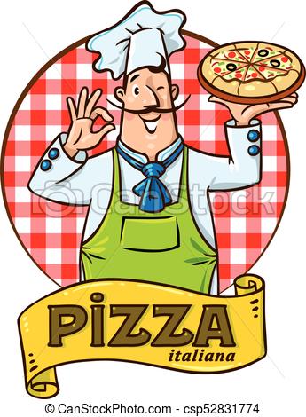 345x470 Funny Italian Chef With Pizza. Emblem Design. Chef With Vectors
