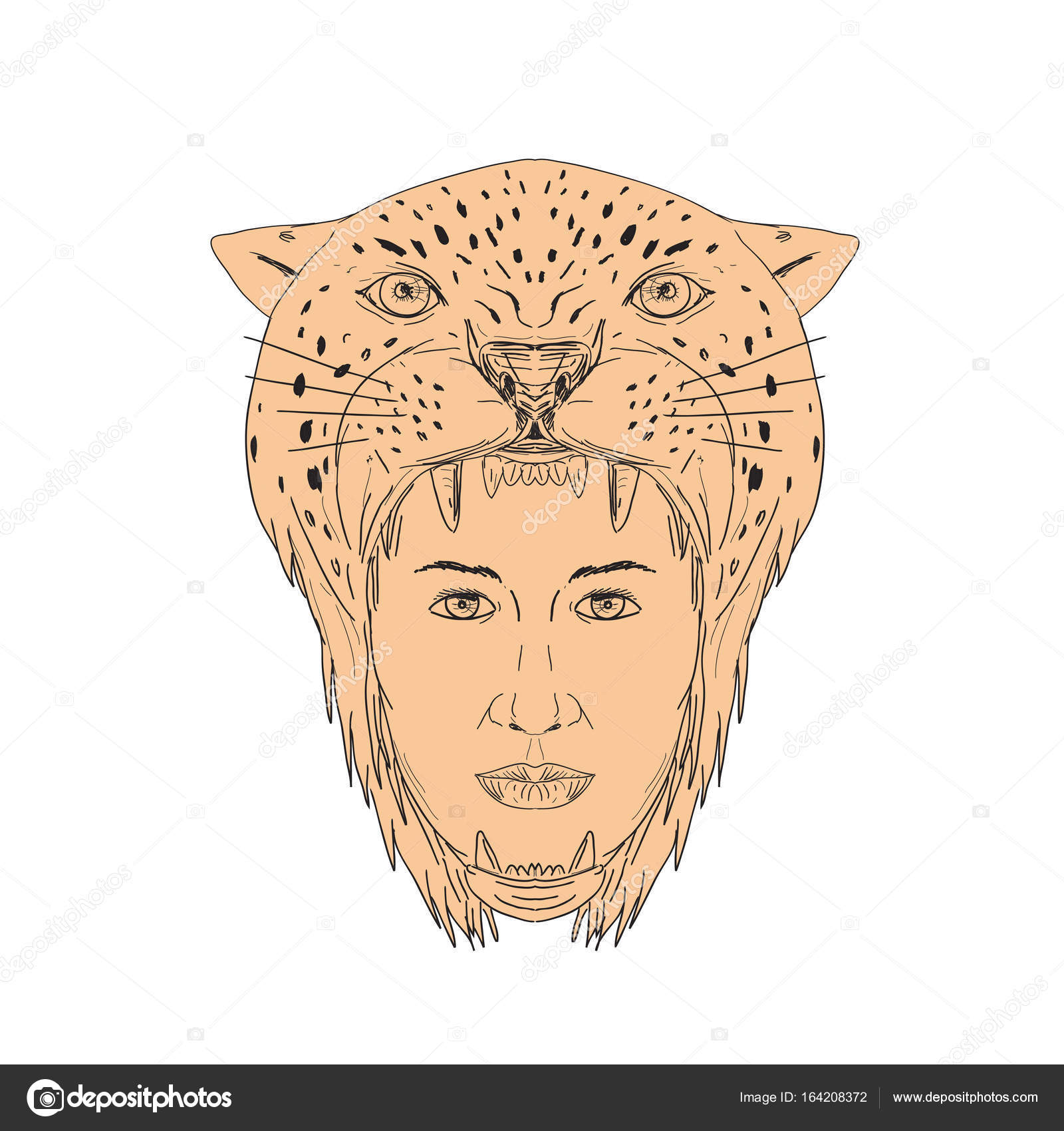 1600x1700 Female Aztec Warrior Jaguar Headdress Drawing Stock Vector