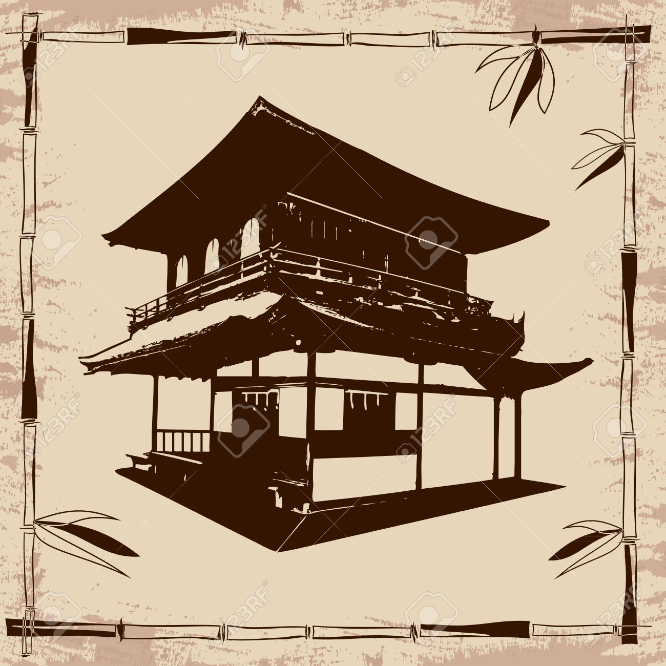 1300x1300 Vector Drawing Japanese House And Branches Of Bamboo On Beige