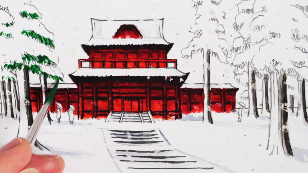 1280x720 How To Draw A Japanese Temple Building In The Snow