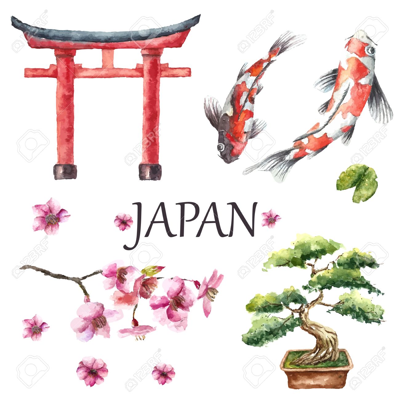 1300x1300 Watercolor Hand Draw Japanese Design Elements Torii Gate, Bonsai