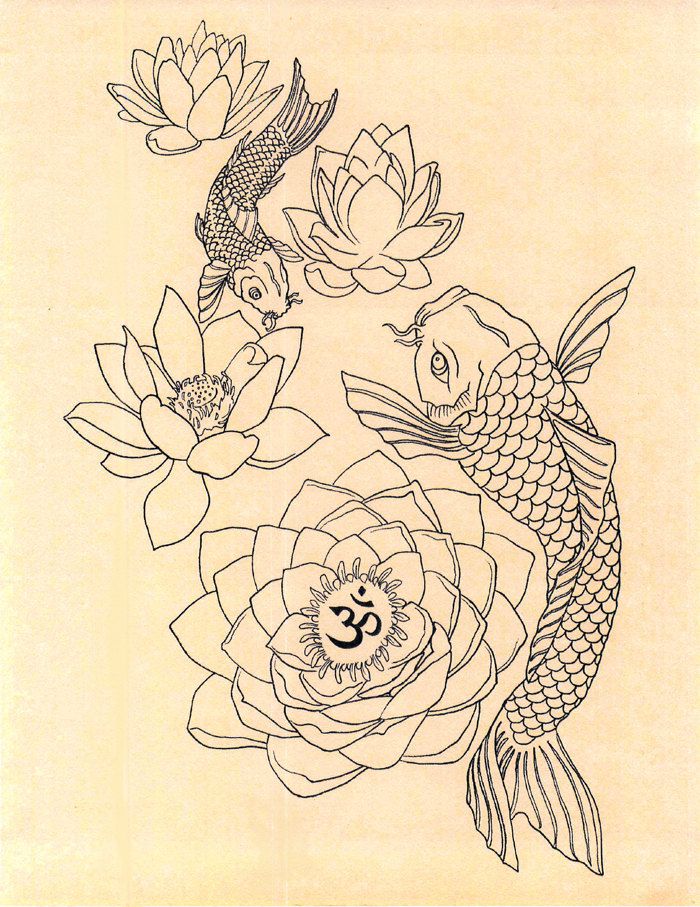 700x907 Japanese Fish Om Lotus Tattoo Drawing Art Print By Geniemelisande