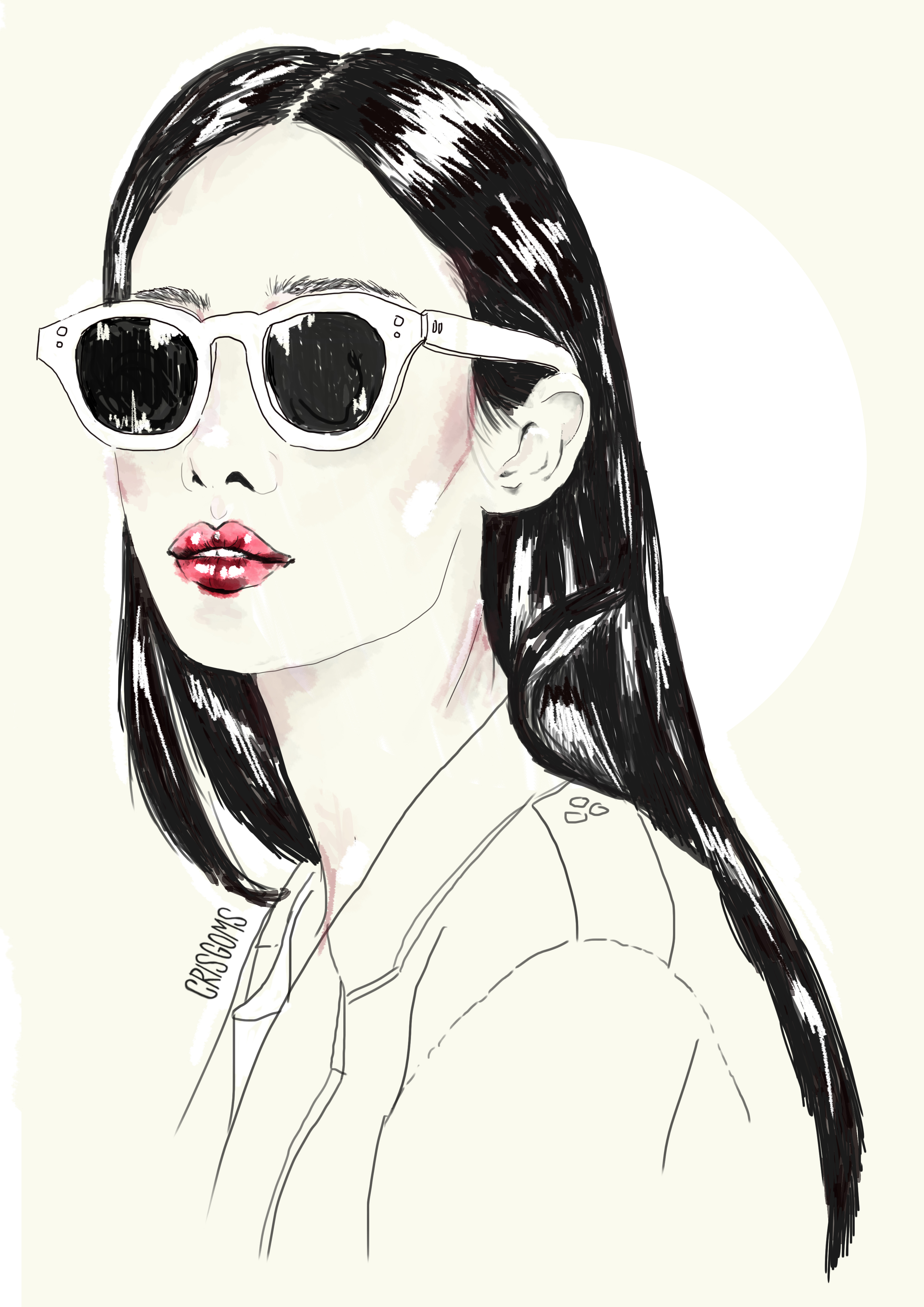 2923x4134 Japanese Girl, Sunglasses, Draw, Graphic, Digital Art, Red