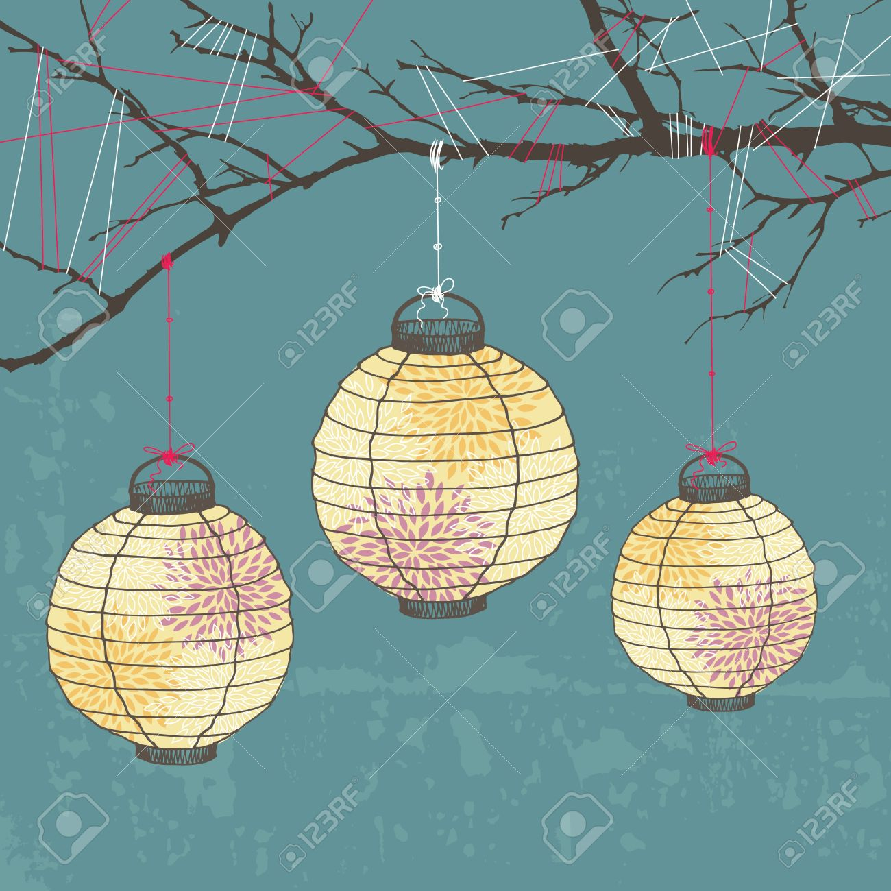 1300x1300 Three Paper Lanterns Hanging On Tree Branch Royalty Free Cliparts