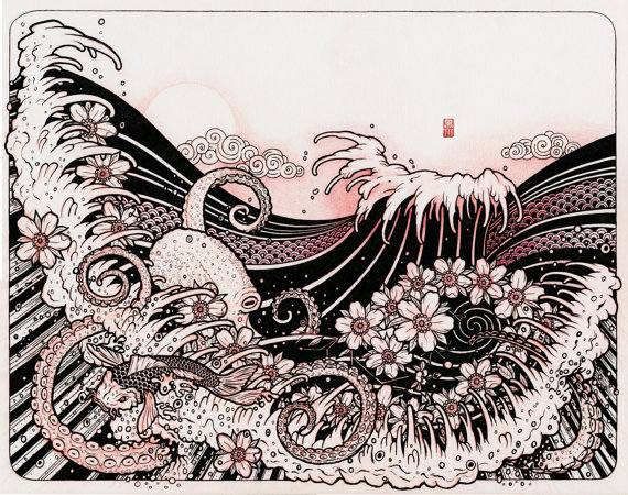 570x450 Waves 02 Japanese Tattoo Style Drawing Waves Octopus By Bluefuze