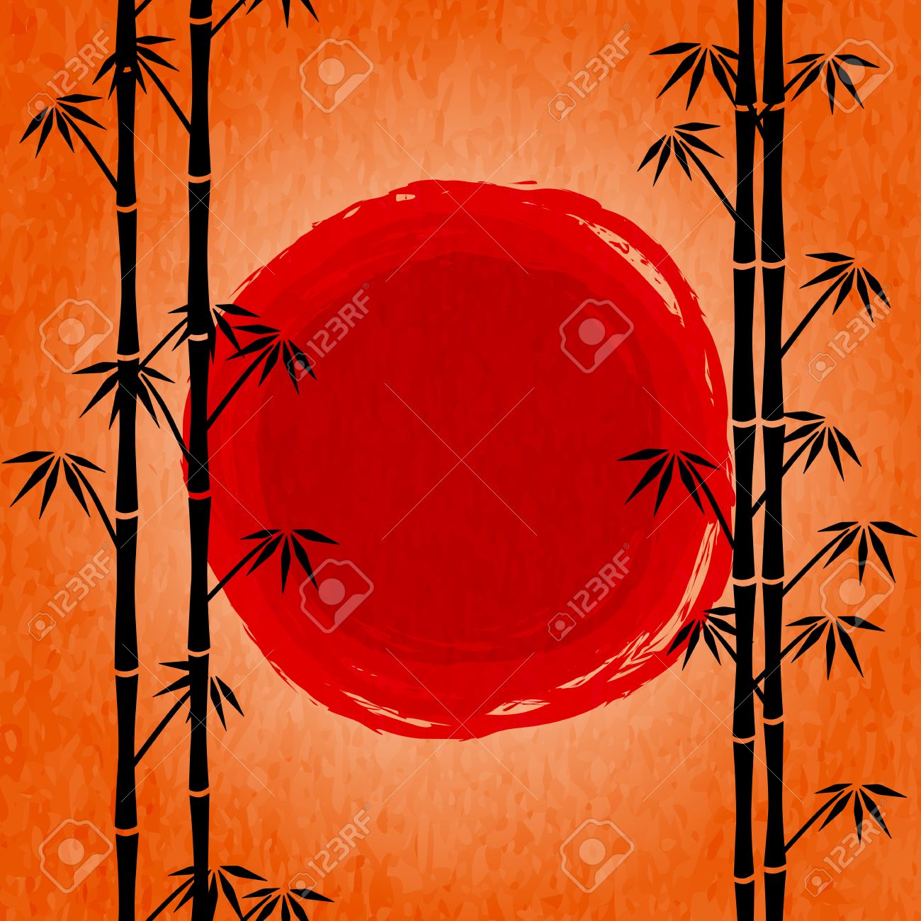 1300x1300 Japanese Sunrise. Black Silhouette Of Bamboo And Red Drawing