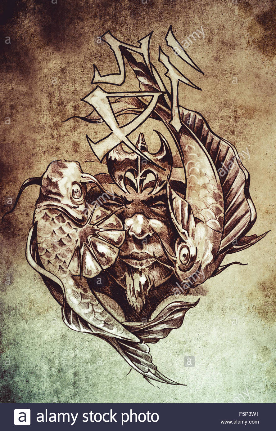 889x1390 Tattoo Art, Sketch Of A Japanese Warrior In Vintage Style Stock
