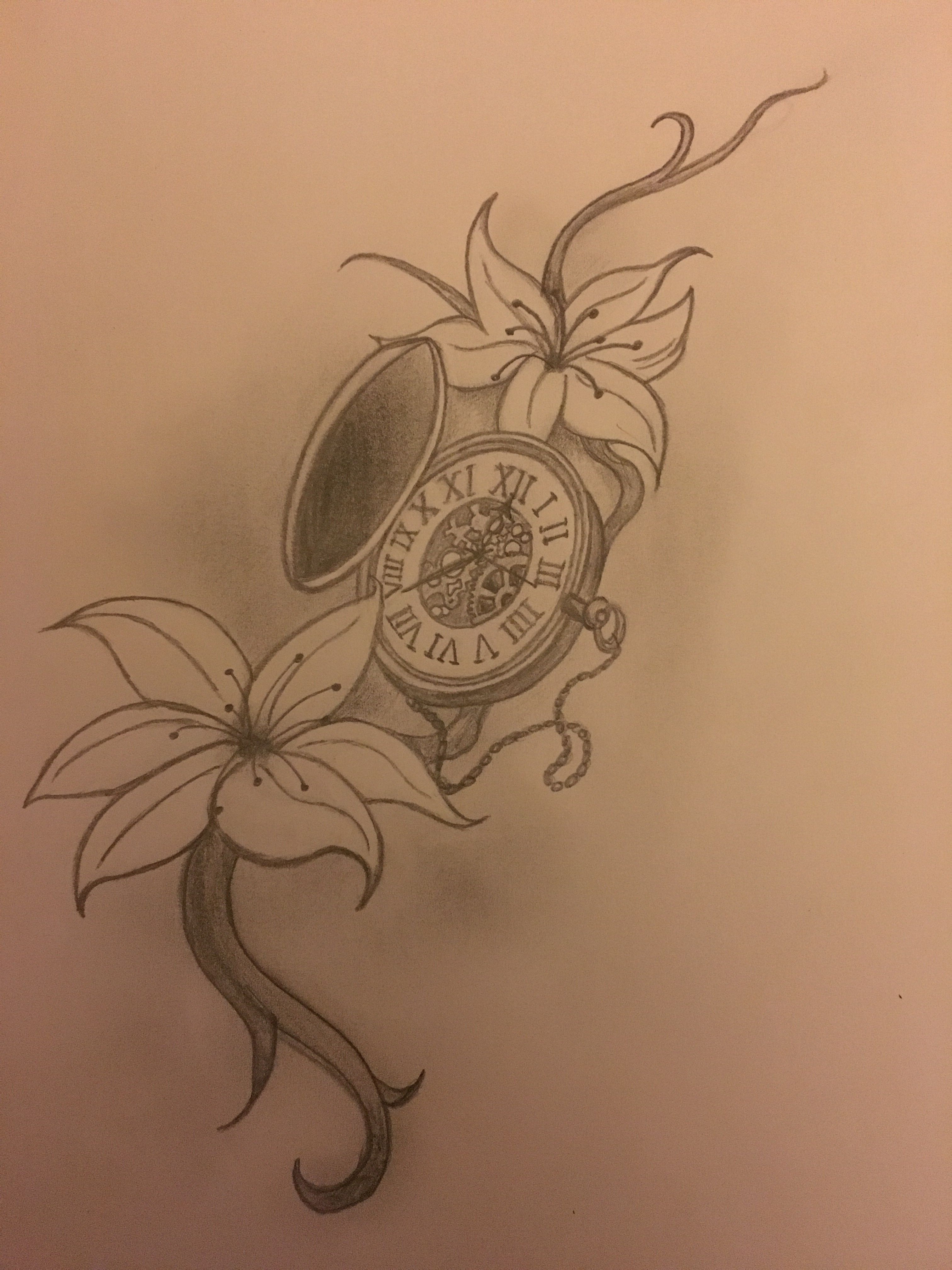 3024x4032 Pocket Watch Clock Jasmine Flowers Potential Tattoo Sketch Drawing