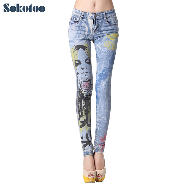 640x640 Sokotoo Women's Beauty Drawing Colored Printed Skinny Jeans