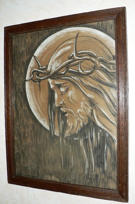 461x700 Original Chalk Drawing, Pastel With Wooden Frame, Jesus With Crown