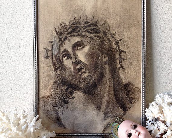 570x456 Vintage Original Drawing Jesus Crucifixion Charcoal Portrait