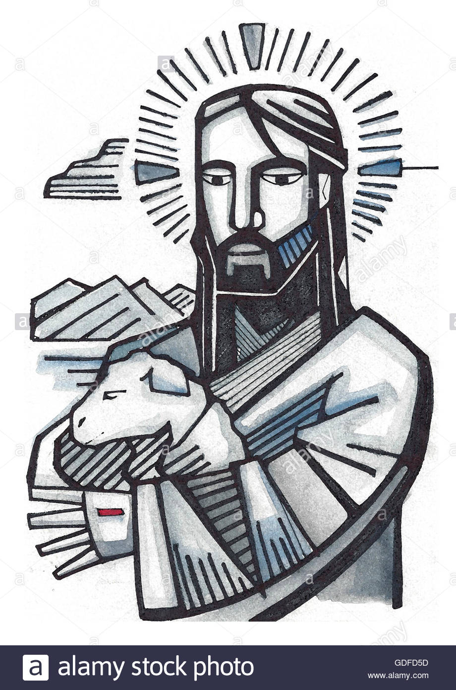 920x1390 Hand Drawn Illustration Or Drawing Of Jesus As Good Shepherd Stock