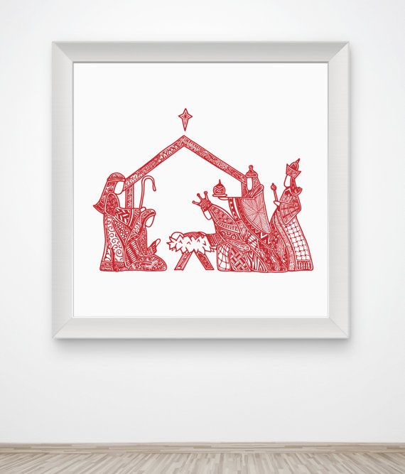 570x667 Nativity Manger Art Print Christmas Jesus Christ Creche Zentangle