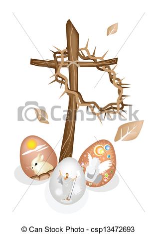 315x470 Wooden Cross And A Crown Of Thorns With Easter Eggs . Eps