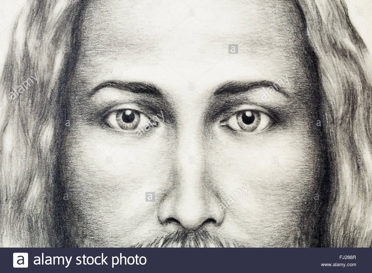 1300x956 Pencils Drawing Of Jesus On Vintage Paper. Eye Contact Stock Photo