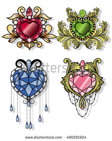375x470 Gemstone Heart Set Gem Diamond Traditional Tattoo Jewel Drawing