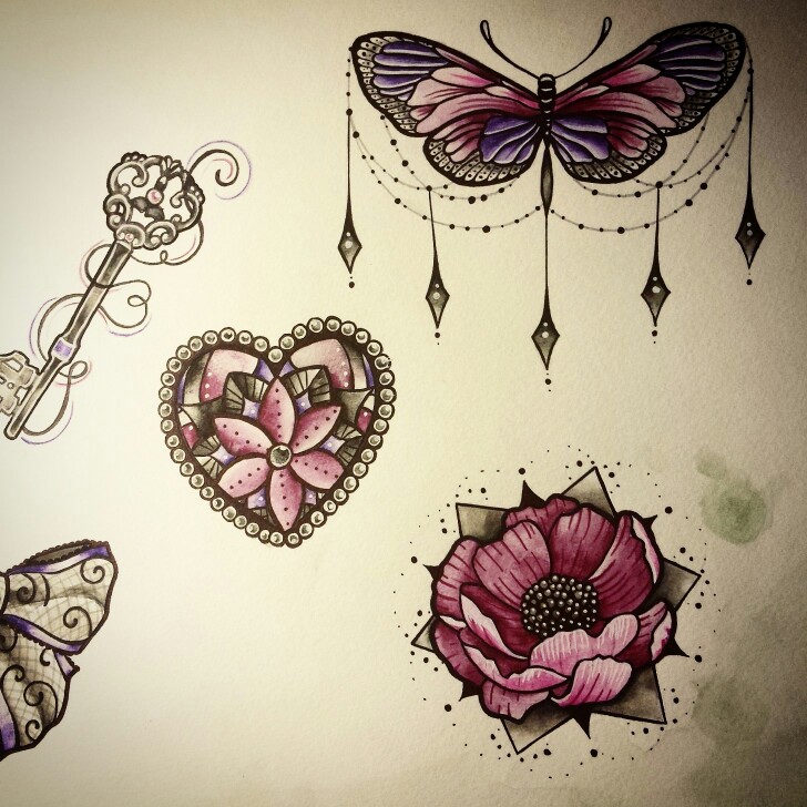 728x728 Butterfly Flower Jewels Draw Nina Tattoo Pink Purple Inked