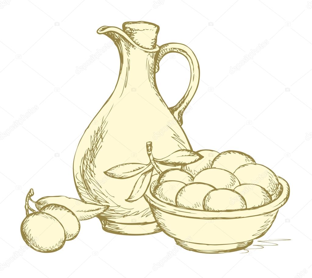 1023x913 Vector Drawing. Still Life Of Oil In Jug And Olives Sprigs Stock
