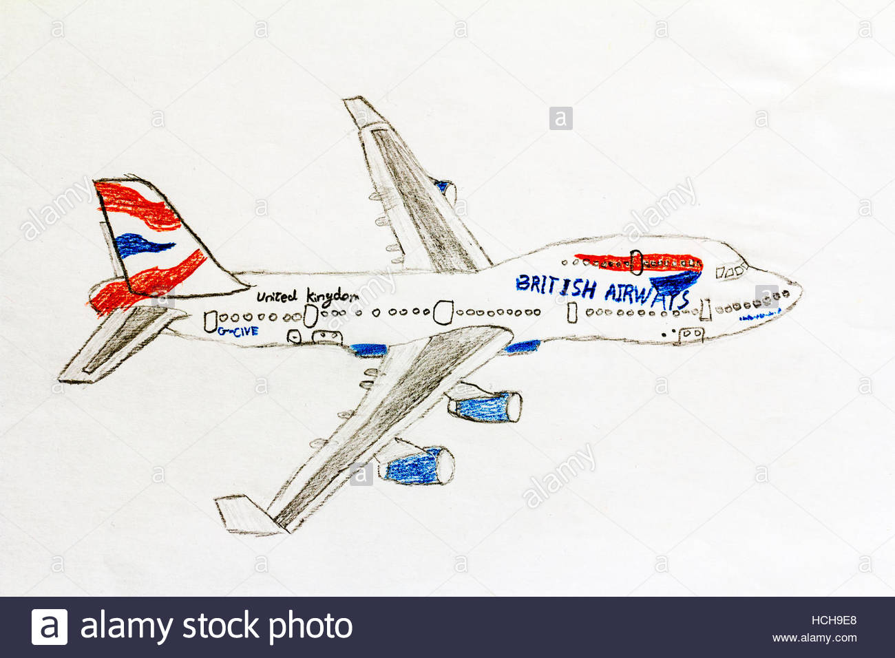 1300x956 Child's Colour Drawing Of A British Airways 747 Jumbo Jet Stock