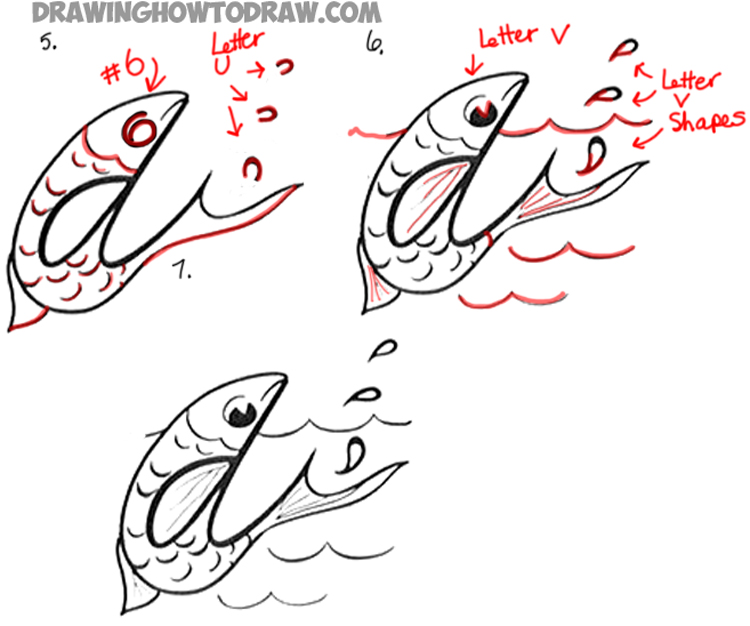 750x626 How To Draw Cartoon Jumping Fish From A Cursive Lowercase Letter D