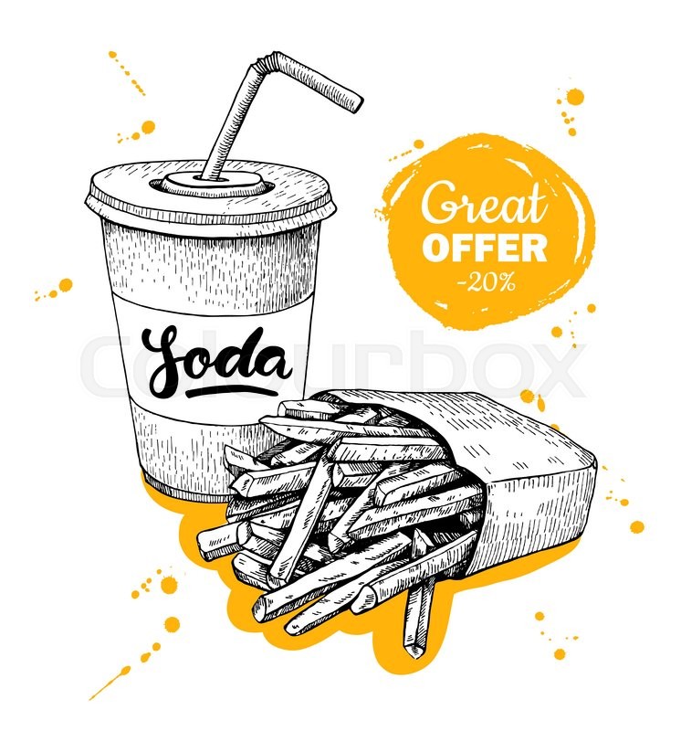 746x800 Vector Vintage Fast Food Special Offer. Hand Drawn Monochrome Junk
