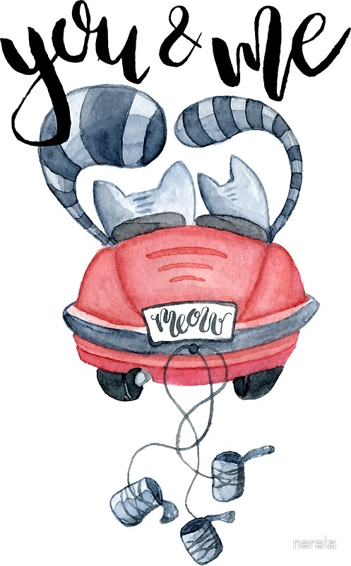 497x800 Watercolor Cats In Just Married Red Car And Brush Lettering You