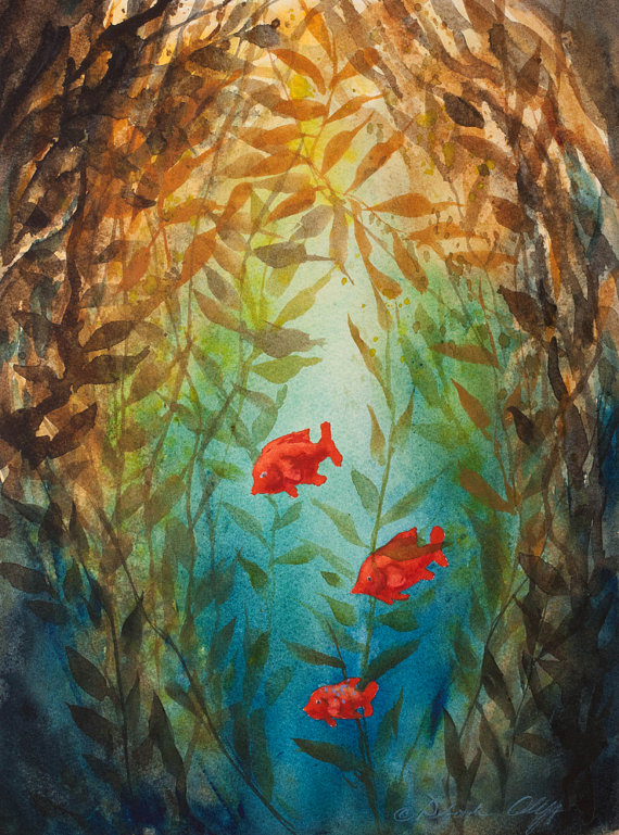 570x769 Kelp Forest, Watercolor Print, Garibaldi Fish, Underwater, Sea