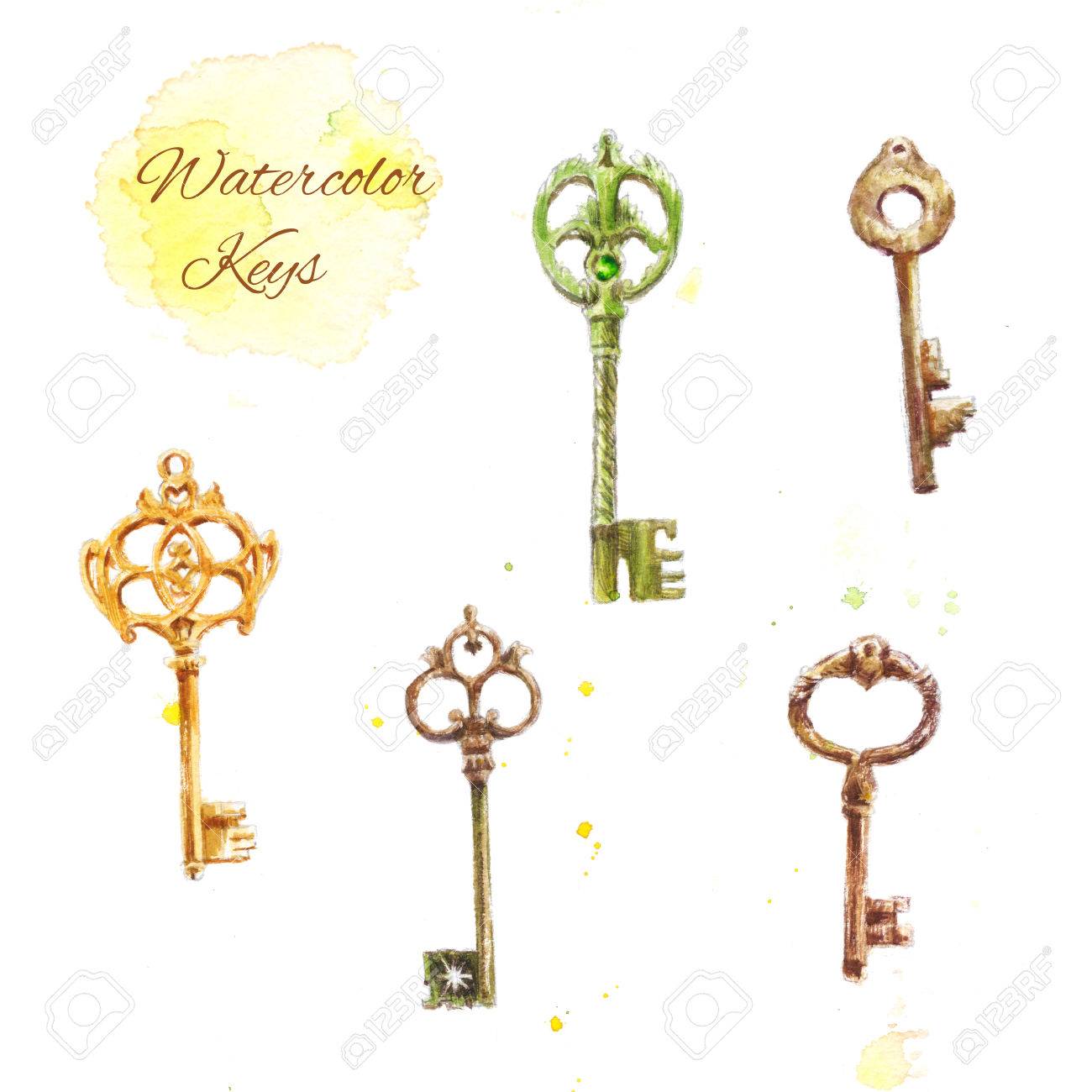 1300x1300 Set Of Watercolor Keys, Vintage Drawing Of Five Keys Stock Photo