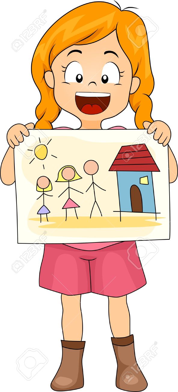 592x1300 Illustration Of A Kid Showing Her Drawing Of Her Family Stock