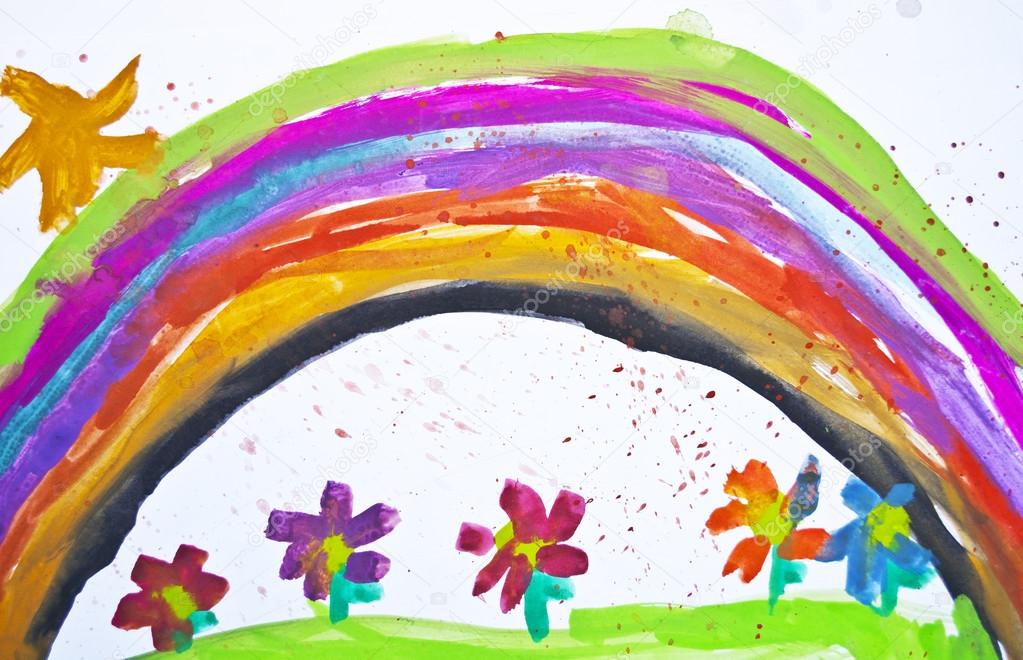1023x660 Kid's Drawing With Flowers And Colorful Rainbow Stock Photo