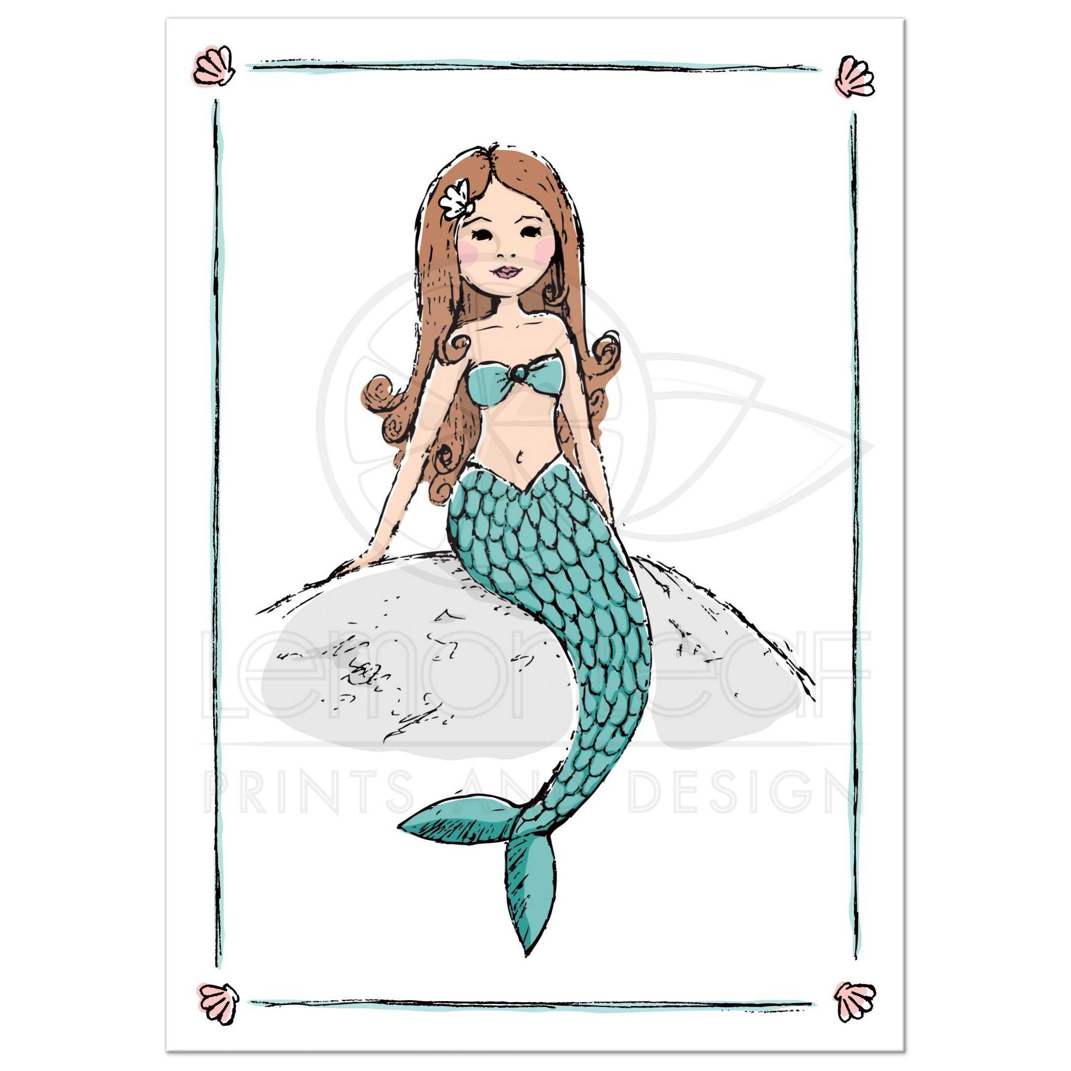 2175x2175 Beautiful Mermaid Sitting On A Rock With Seashell Border Wall Art