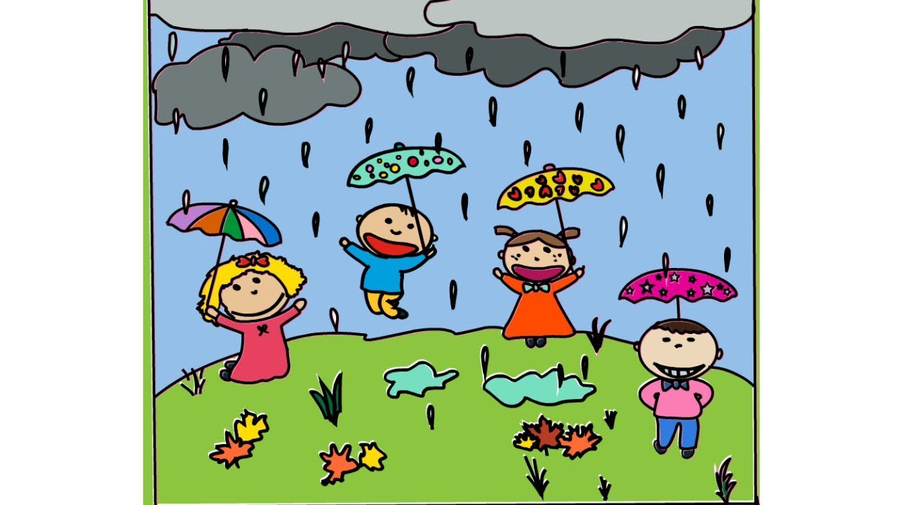 1280x720 How To Draw Kids Playing In The Rain Landscape Drawing Yzarts