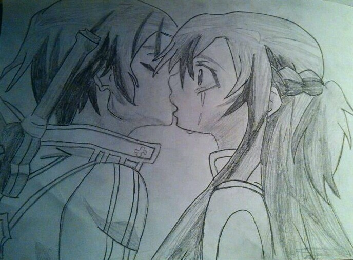 688x507 Sword Artline Kirito X Asuna Kiss Drawing By Valkiresky