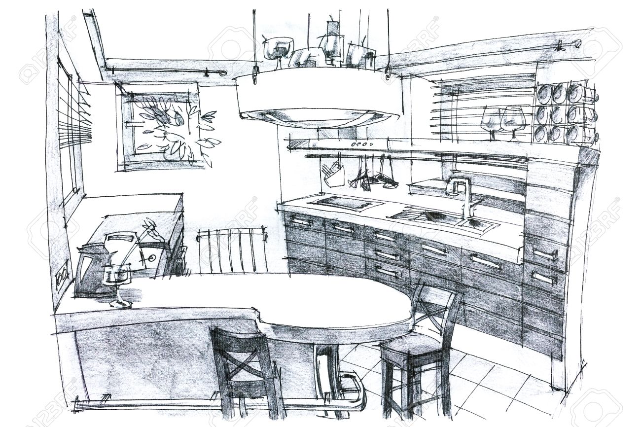 1300x866 Interior Hand Drawing Perspective Of A Stylish Modern Kitchen