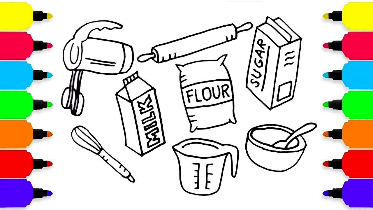 1280x720 Baking Set Drawing For Kids How To Draw Kitchen Tools Art
