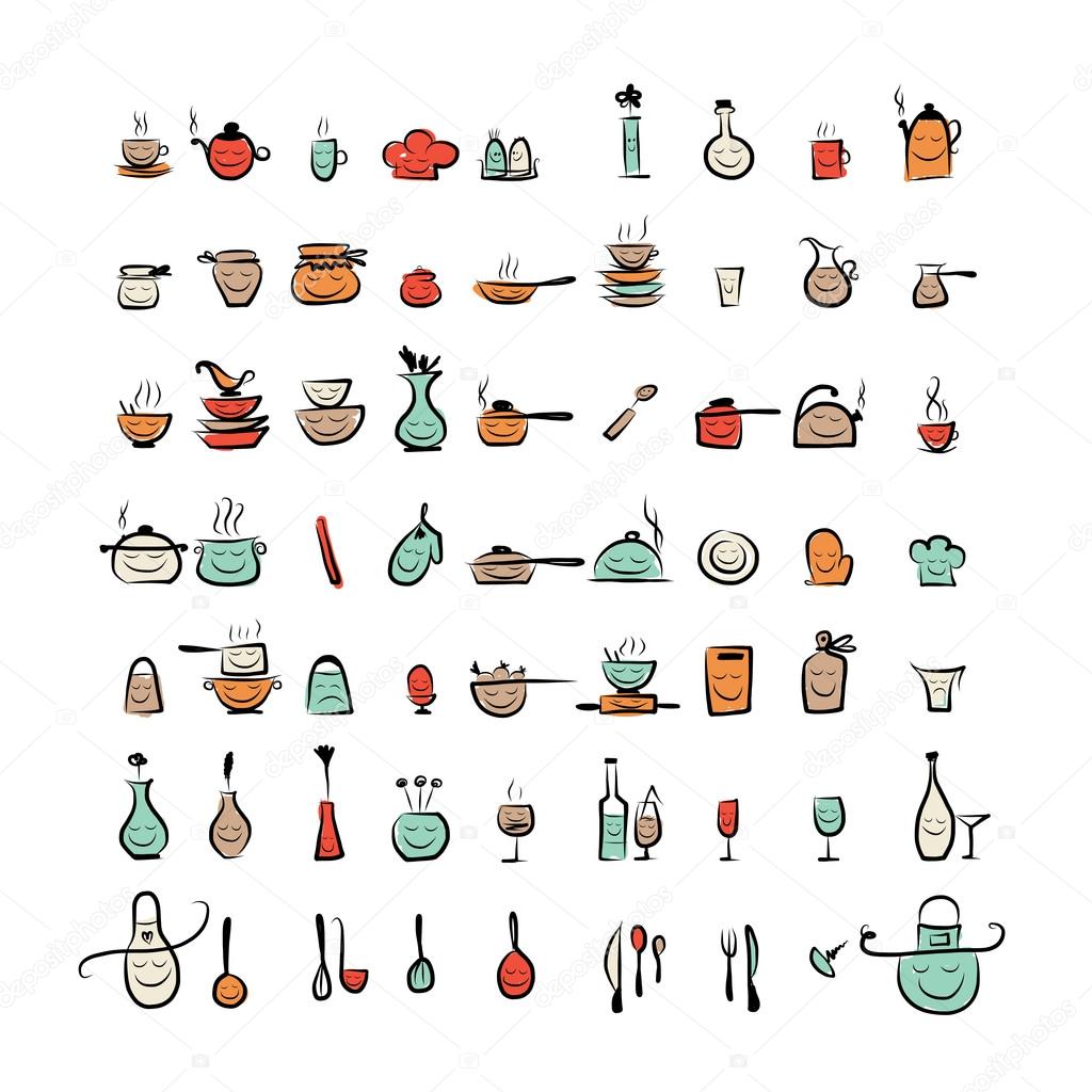 1024x1024 Kitchen Utensils Characters, Sketch Drawing Icons For Your Design
