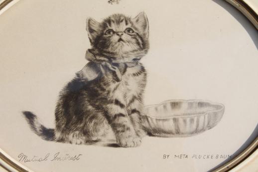 518x345 Kitten Vintage Pencil Drawing, Artist Signed Print In Small Oval
