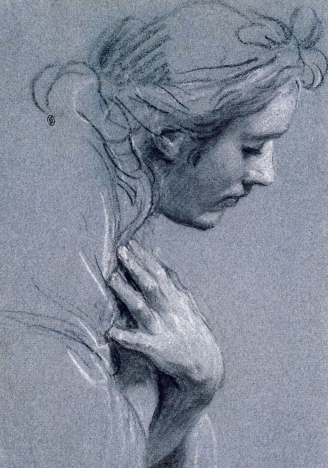 650x926 Head In Profile Study For A Kneeling Angel, (Black Chalk