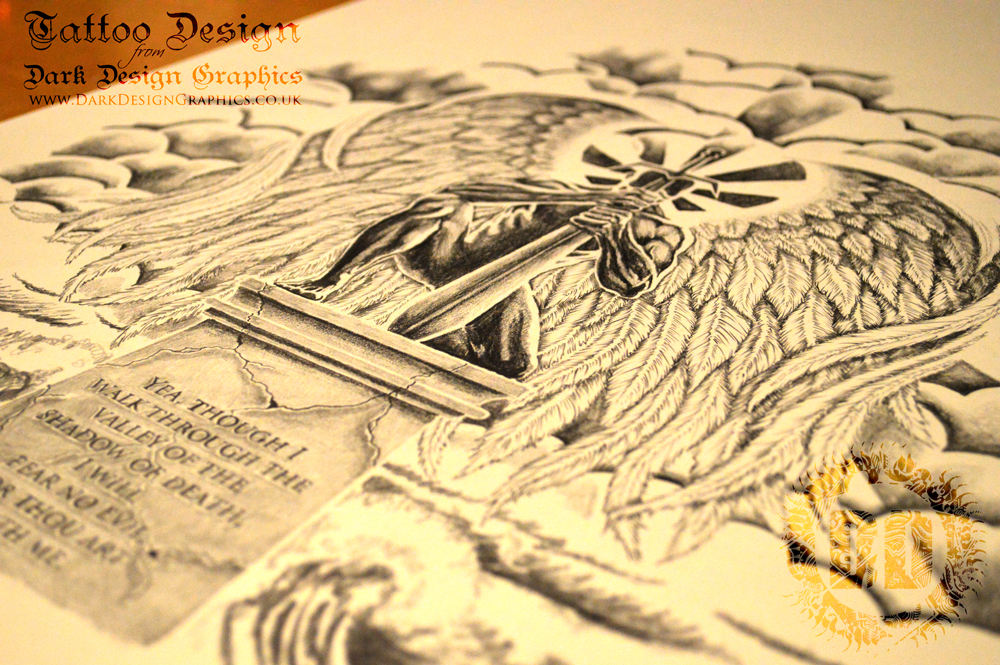 1000x665 Kneeling Guardian Angel Tattoo Design From Dark Design Graphics