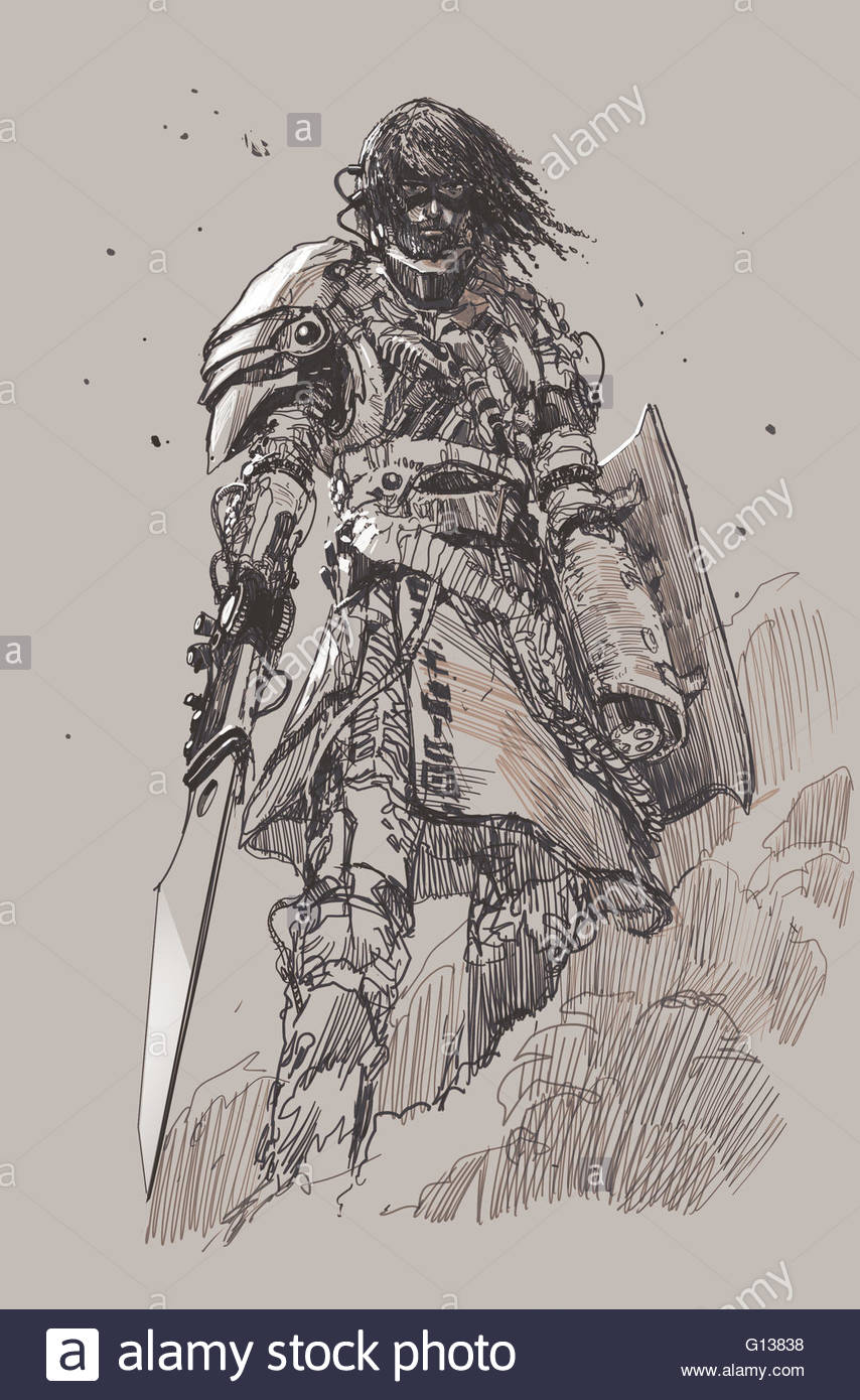 854x1390 Futuristic Knight With Blade,drawing,sketch Stock Photo 103949084