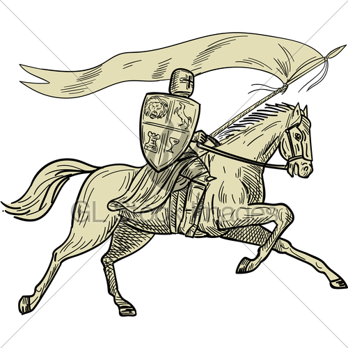 500x500 Knight Riding Horse Shield Lance Flag Drawing Gl Stock Images