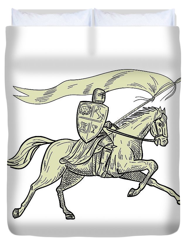 645x853 Knight Riding Horse Shield Lance Flag Drawing Duvet Cover For Sale