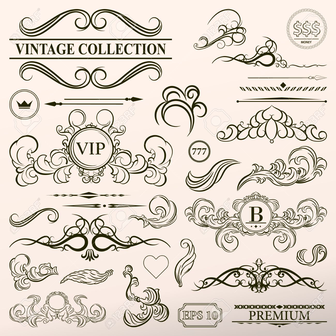 1300x1300 Vintage Set Decor Elements. Elegance Old Hand Drawing Set. Outline
